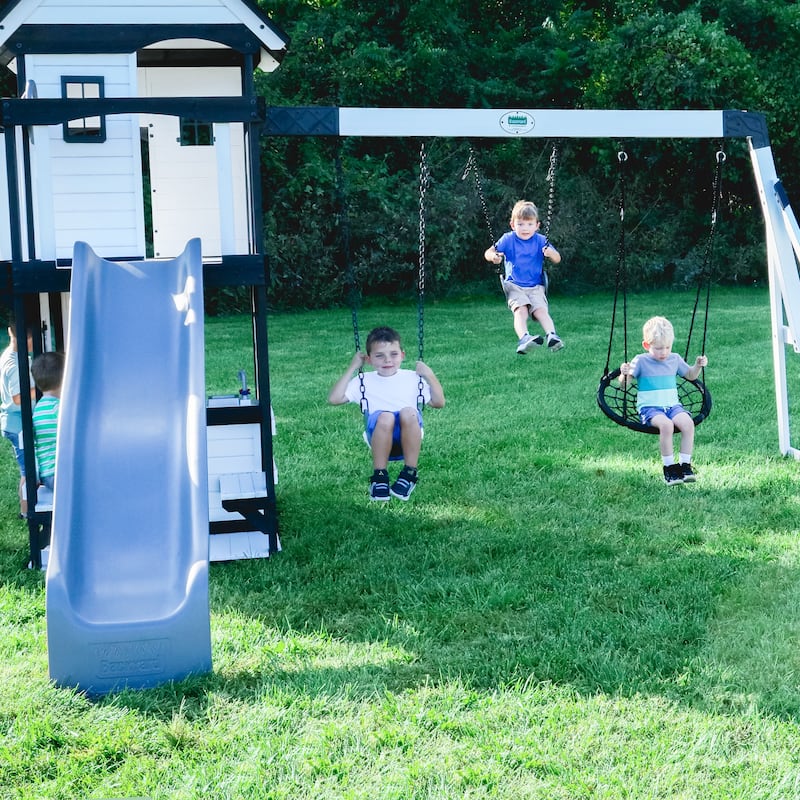 Backyard Discovery Canyon Creek White Cedar Wood Swing Set, Wave Slide - 17'0" x 13'5"