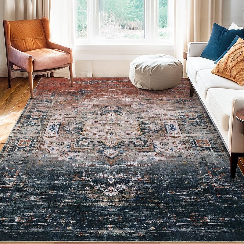 Ombre Vintage Area Rug Distressed Washable Living Room Bedroom Rug Indoor Carpet Ultra-Thin Soft Rug Non-Slip - Rust/Navy Multi - 5*7ft