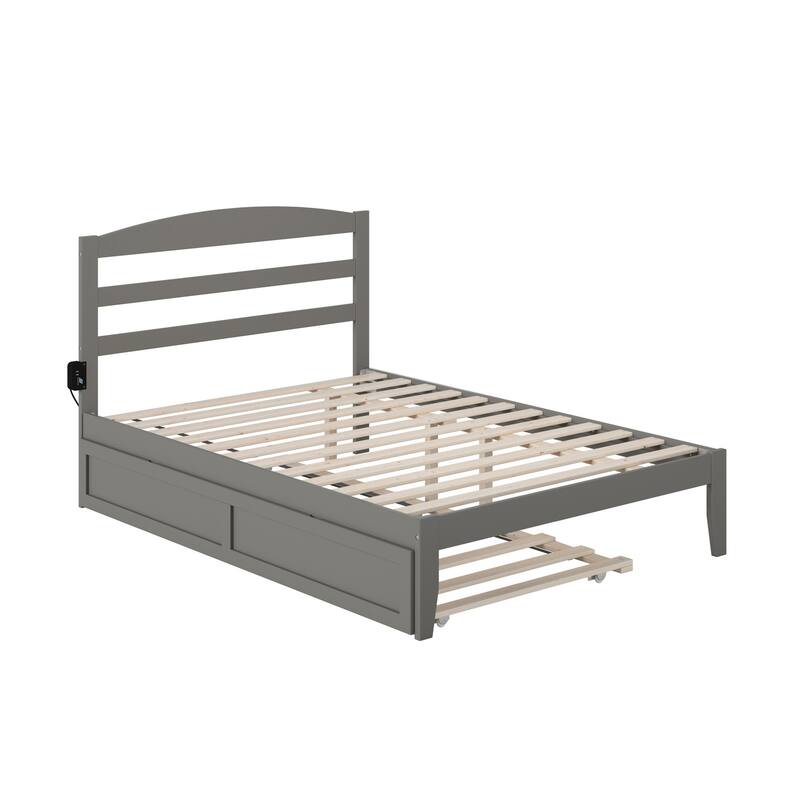 Full Platform Bed with Trundle & Charging Station - Grey Twin Size, Easy Assembly