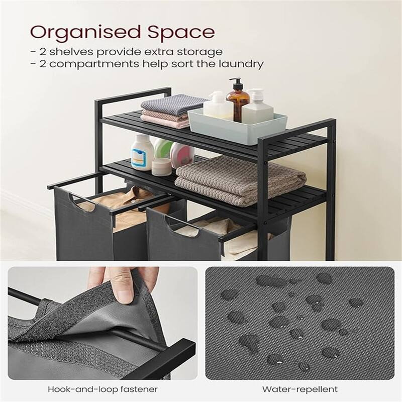 Laundry Sorter with 2 Pull-Out and Removable Bags, 2 Shelves - 28.8"L x 13"W x 36.2"H
