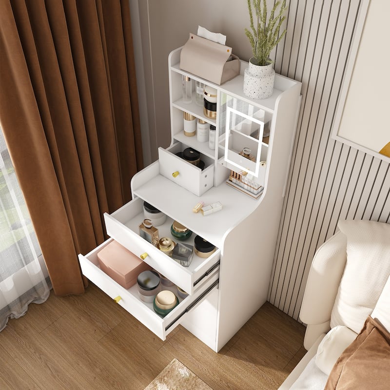 White Vanity Dressing Table with Stool LED Mirror Drawers and Shelves for Bedroom Storage - 19.6”L x 11.6”W x 50.3”H