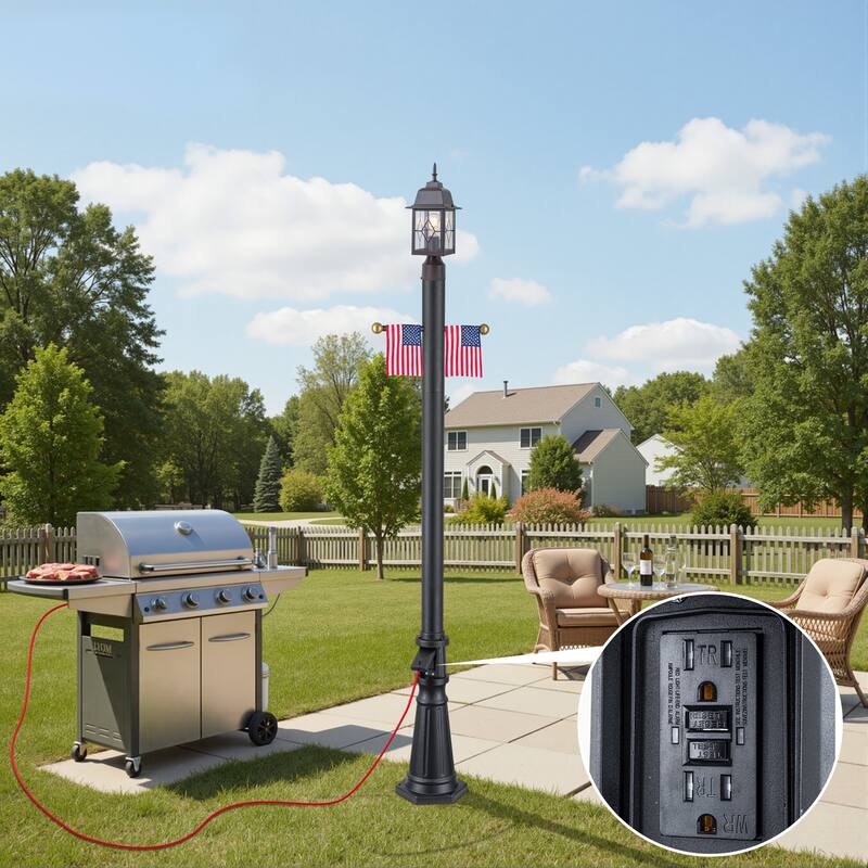 C Cattleya 72" Matte Black Aluminum Outdoor Lamp Pole with Base and GFCI Outlet