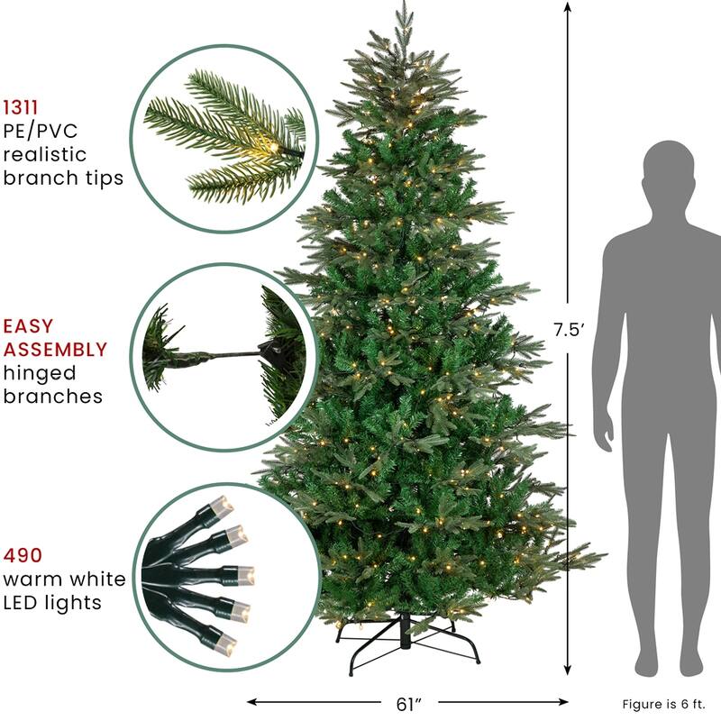 7.5' Hudson Fir Artificial Christmas Tree, Warm White LED Lights - 7.5 Foot
