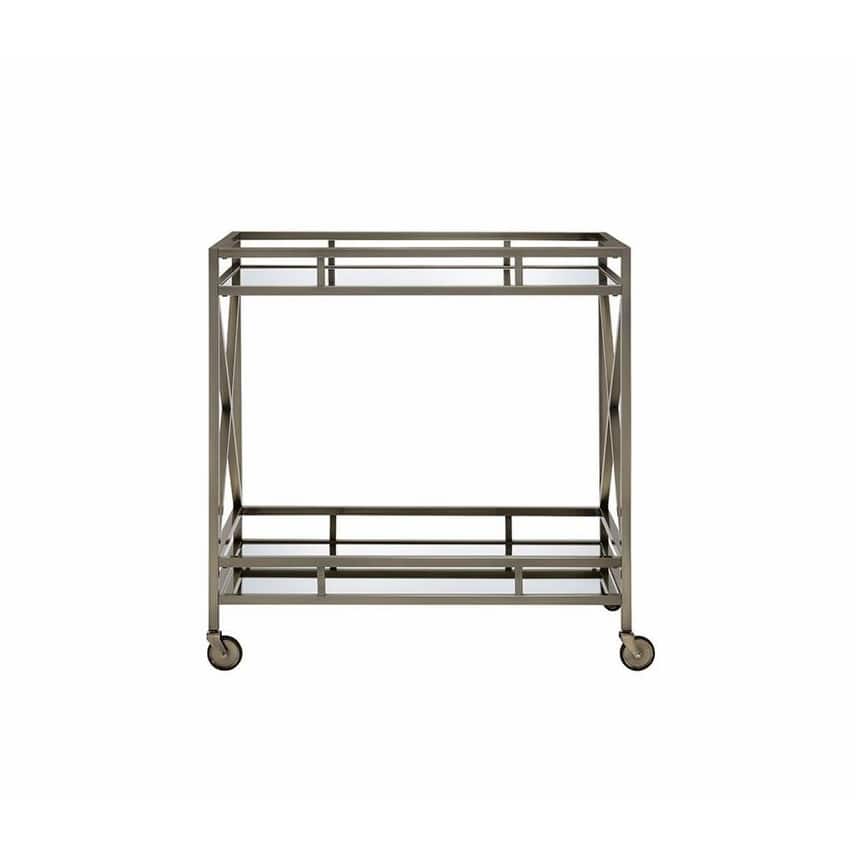 Metal Framed Two Tier Serving Cart with X Shaped Side Panels, Silver and Clear - 35.04 H x 19.68 W x 34.25 L Inches