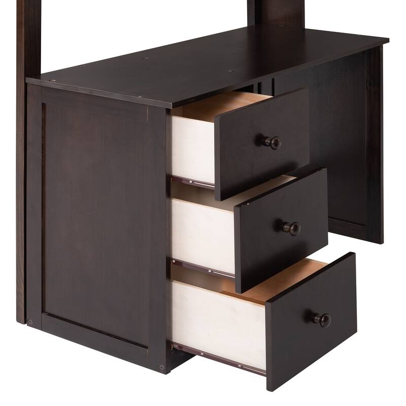 Compact Twin Loft Bed with Drawers, Desk, and Wardrobe in Espresso