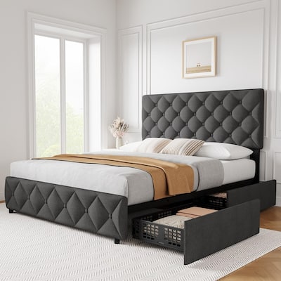 Linen Upholstered Platform Bed Frame Diamond Stitched Button Tufted