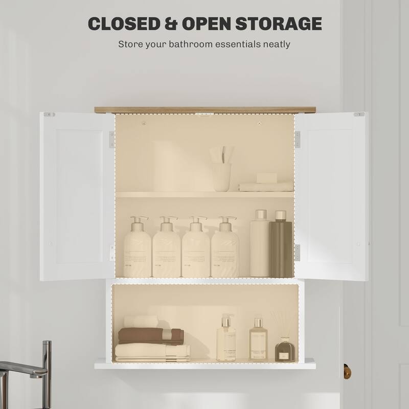 Wall-Mounted Bathroom Cabinet - 28" H, 23.6" W, Adjustable Shelf, 2 Doors, Open Storage, White Finish - 7.5X23.6 in