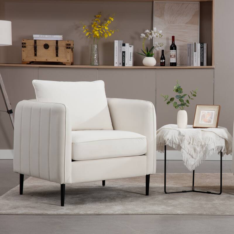 Accent Chair for Living Room, Velvet Comfy Single Sofa Chair Mid-Century Modern Armchair with 1 Pillow and Metal Legs - Ivory
