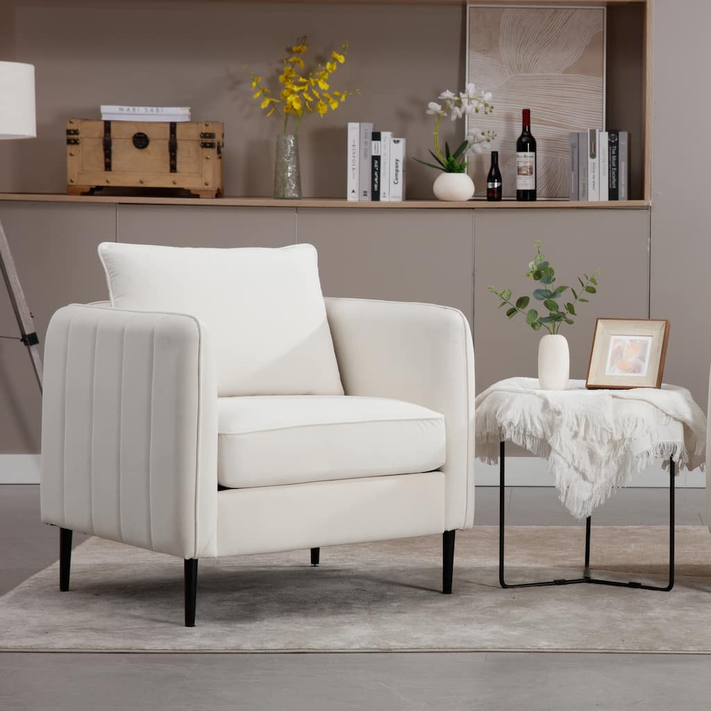 Ivory Velvet Accent Chair with Metal Legs, Modern Design
