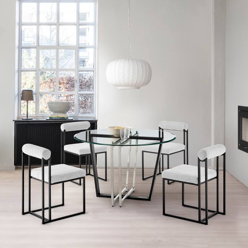 Devi Anastasia 5 Piece Round Glass Dining Table Set with Metal Frame and Upholstered Chairs - Light Gray Fabric/Black
