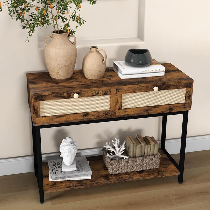 1 Modern Farmhouse Rattan Entryway Storage Shelf-Two Drawers