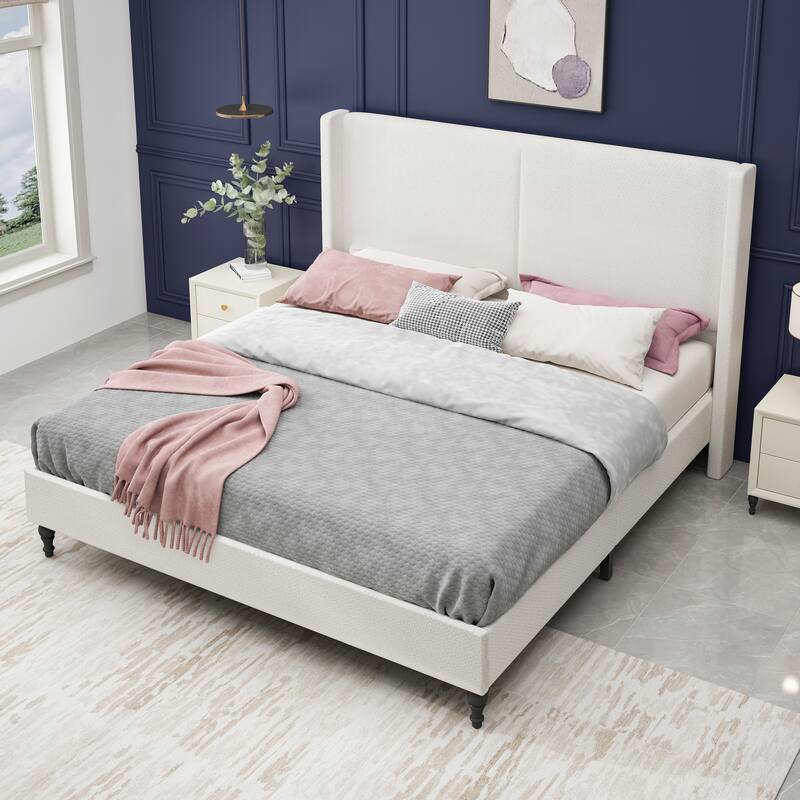 Boucle Upholstered Platform Bed with 55.5" High Wingback Headboard, Slats Support, Solid Wood Feet and Optional King or Queen