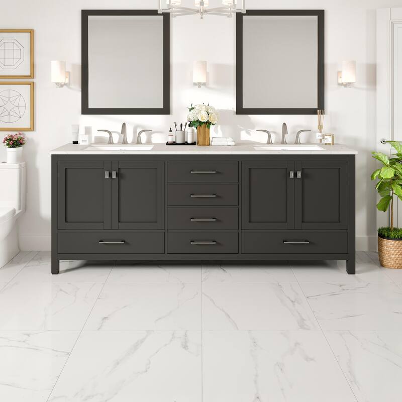 Eviva Aberdeen 84"W x 22"D Espresso Double Sink Vanity with White Carrara Quartz Top and Rectangular Undermount Sinks