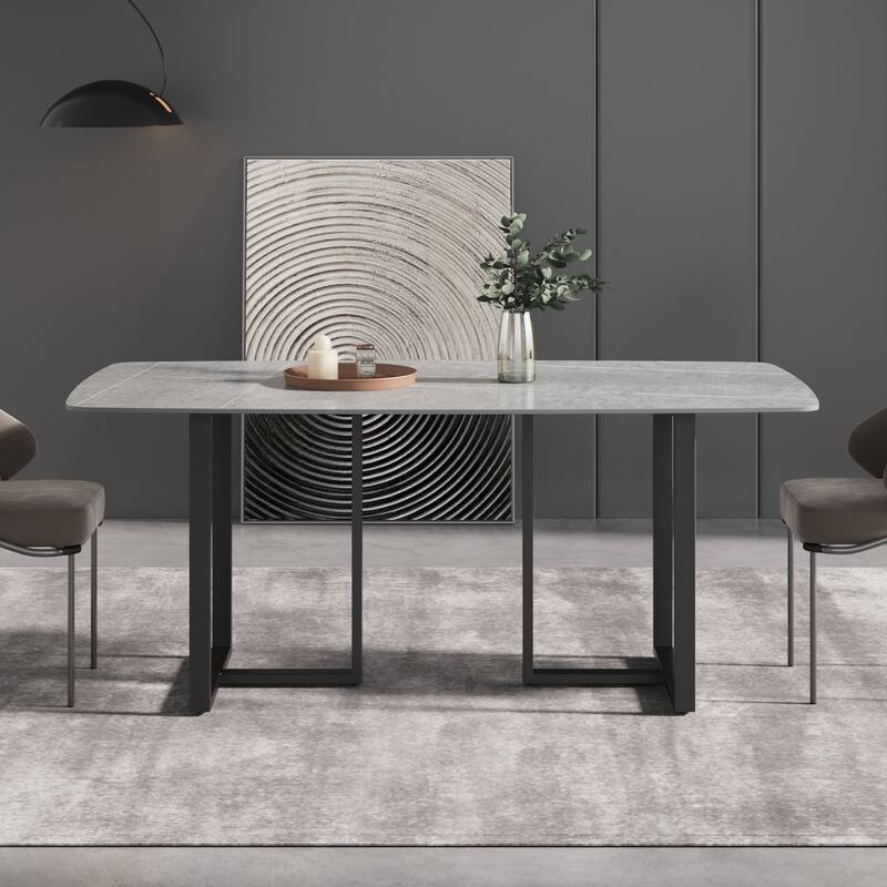 71" Marble table with Retangular Top and Black Carbon Steel legs for Kitchen dining Room