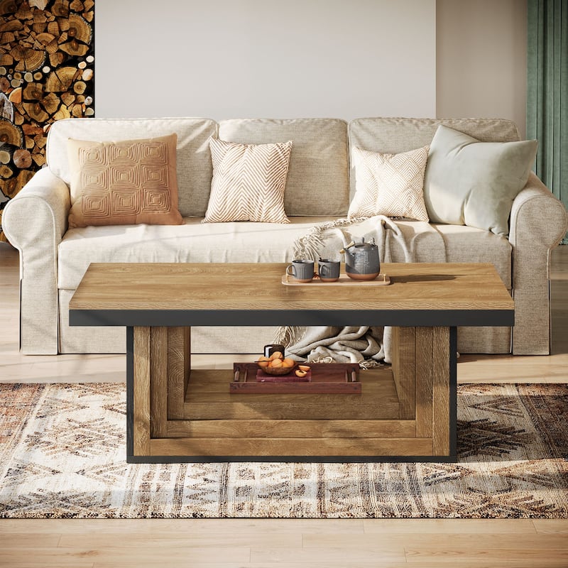 47" Retro Modern Coffee Table With Open Shelf For Living Room