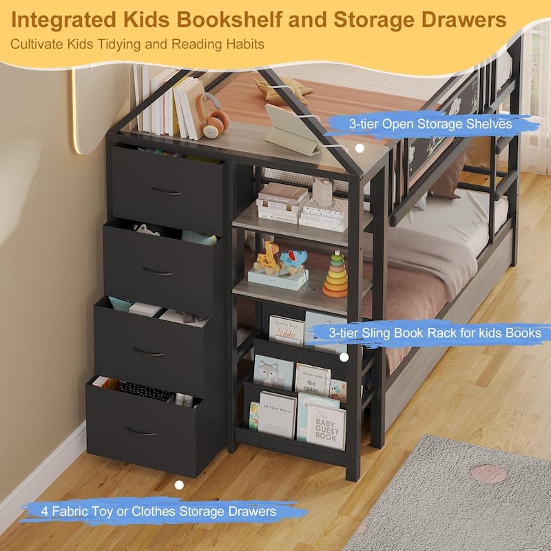 House Low Loft Bed Twin Size Storage Drawers Bookcase LED Lights