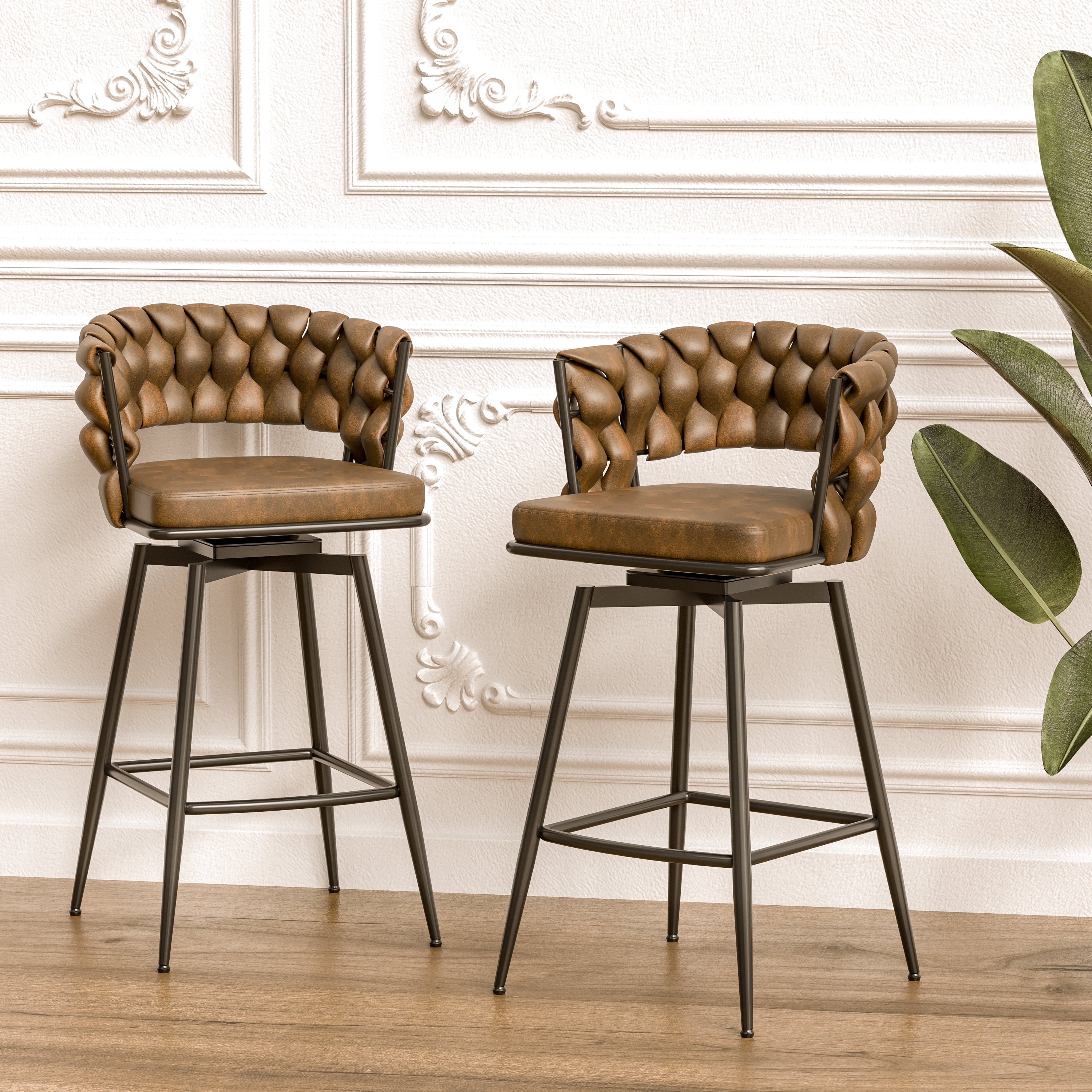 Set of 2 Brown 28" Swivel Bar Stools, Technical Leather Woven Upholstery with Back, Footrest & Black Legs