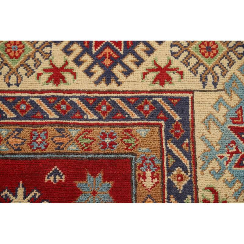 Red Geometric Kazak Area Rug Hand-Knotted Bedroom Wool Carpet - 6'2" x 10'2"