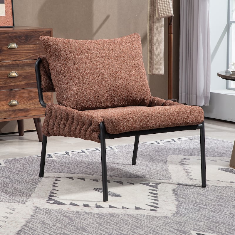 Modern Chair with Braided Upholstery and Metal Frame, Comfortable Armchair, Soft Cushioned Seat and Backrest - Red+Brown