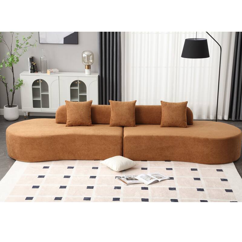 Modern Curved Modular Sectional Sofa, Terrycloth 4 Seater Cloud Boneless Couch, Upholstered Round Couch with 3 Pillows - Brown