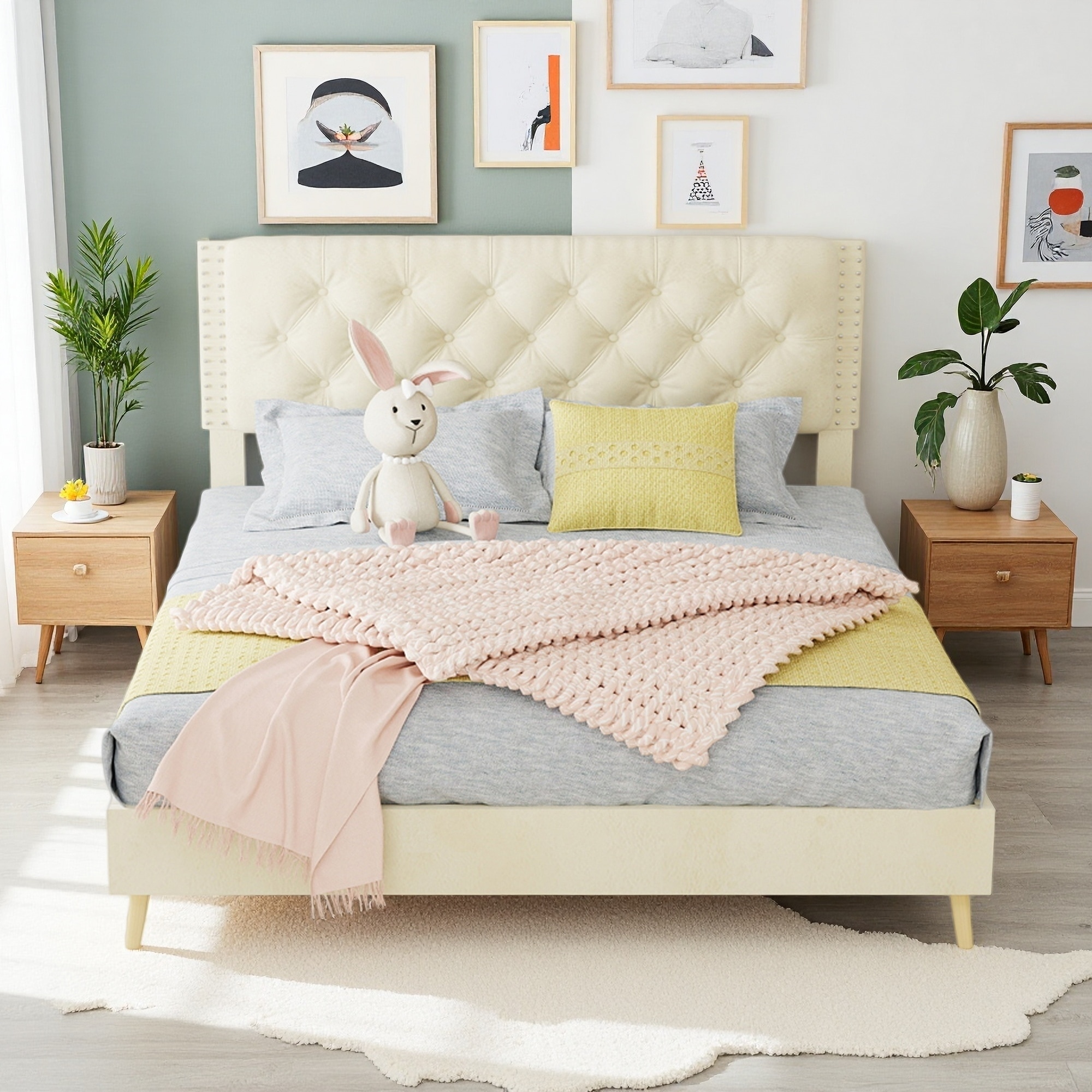 Upholstered Platform Bed with Padded Headboard