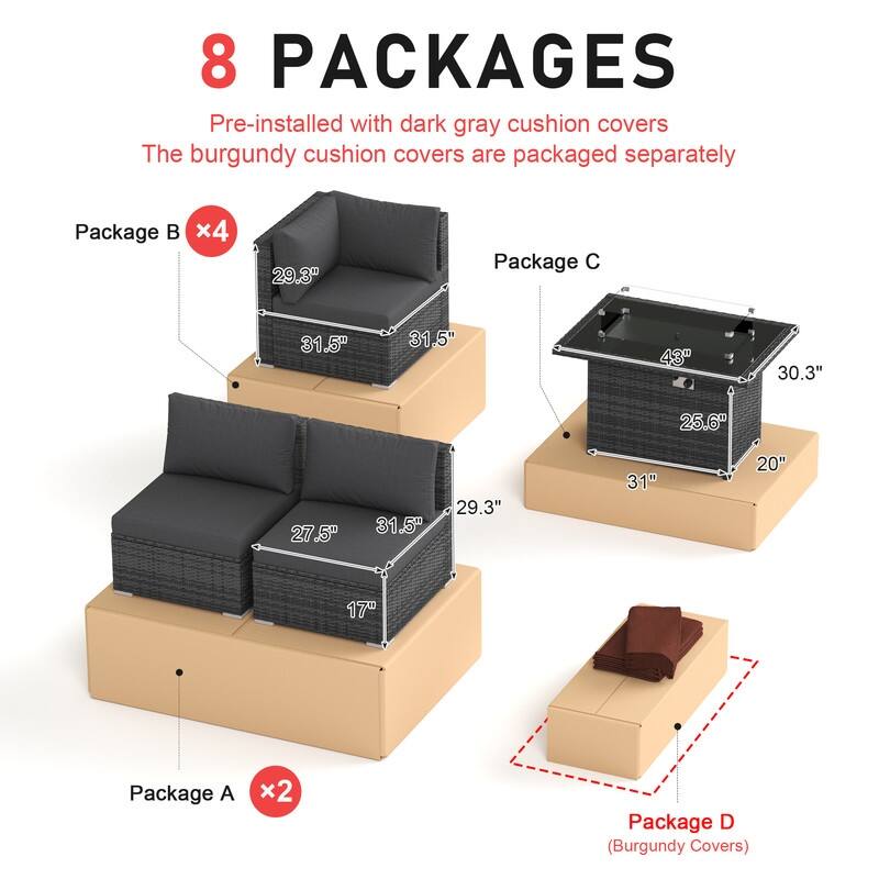 9-Piece Outdoor Wicker Patio Sectional Conversation Set with Fire Pit