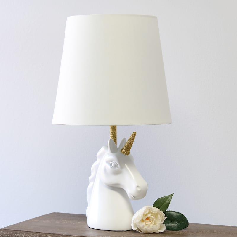 Simple Designs 15.5" Sparkling Glitter Unicorn Table Lamp, Gold Glitter, Matte White