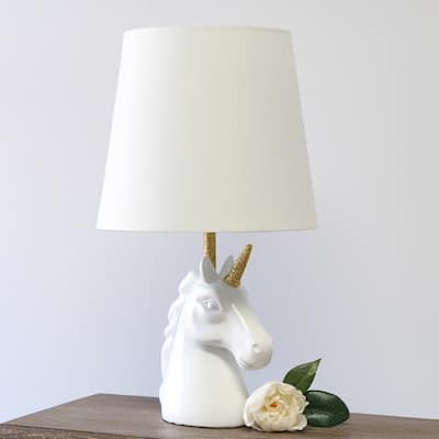 Simple Designs 15.5" Sparkling Glitter Unicorn Table Lamp, Gold Glitter, Matte White