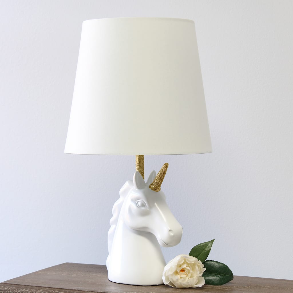 Simple Designs 15.5" Sparkling Glitter Unicorn Table Lamp, Gold Glitter, Matte White