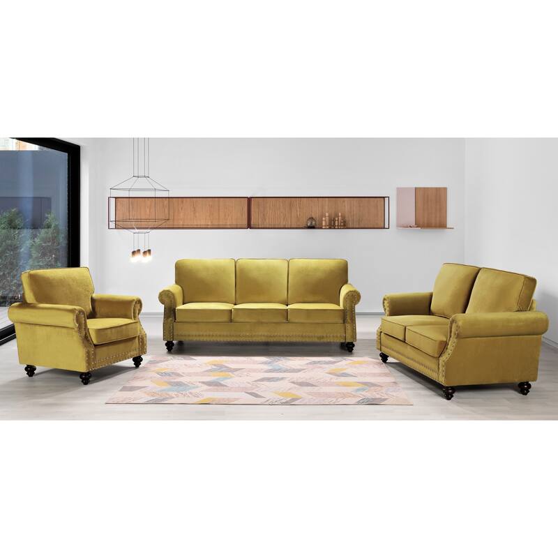 Ramos Nailhead Velvet 3-Piece Set-Loveseat Sofa and Chair - Strong Yellow