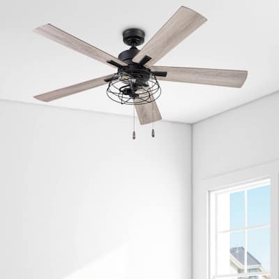 52" Prominence Home Marshall Matte Black Industrial Style LED Ceiling Fan with Light, Pull Chain