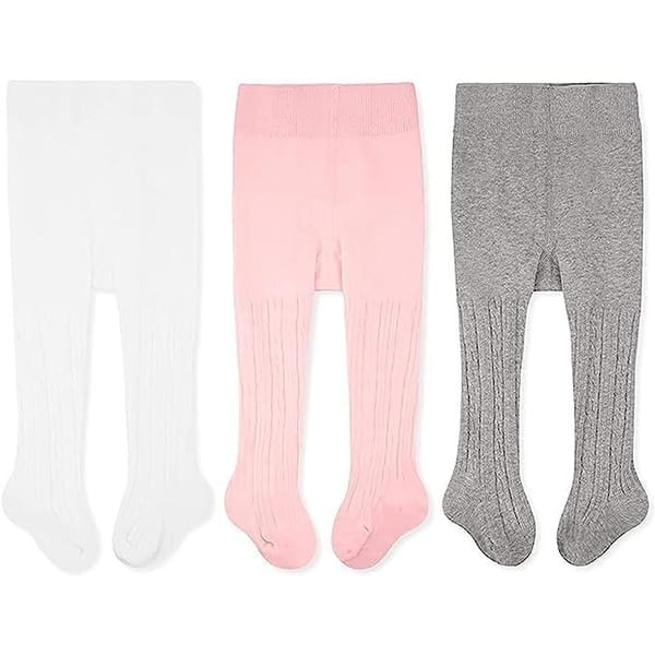 slide 2 of 6, CozyWay Cable Knit Cotton Leggings, 3 pair, white/gray/pink