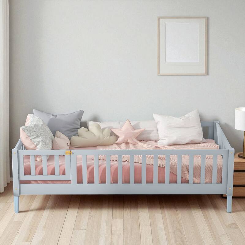 Twin Size Floor Bed with Fence and Door, Rubber Wood Frame with Safety Guardrails - Grey - Twin