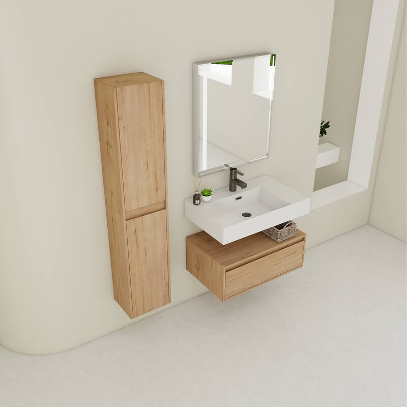 30" Wall-Mounted Bathroom Vanity with Resin Sink, Soft-Close Drawer & Adjustable Side Cabinets, Easy Assembly