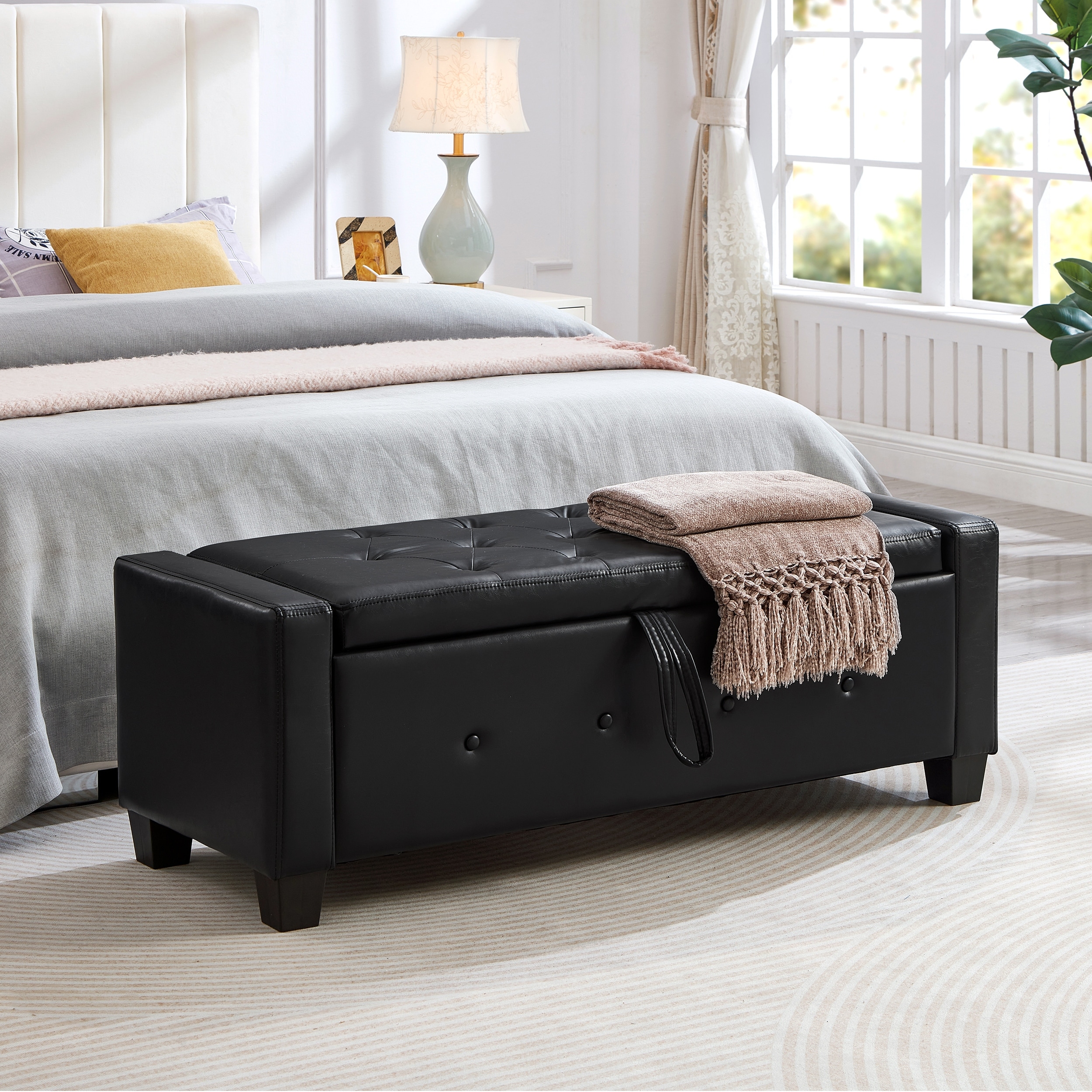Black Bedroom End of Bed Bench Storage Bench with Wood Legs, Leather Bench Upholstered Bench Dining Bench