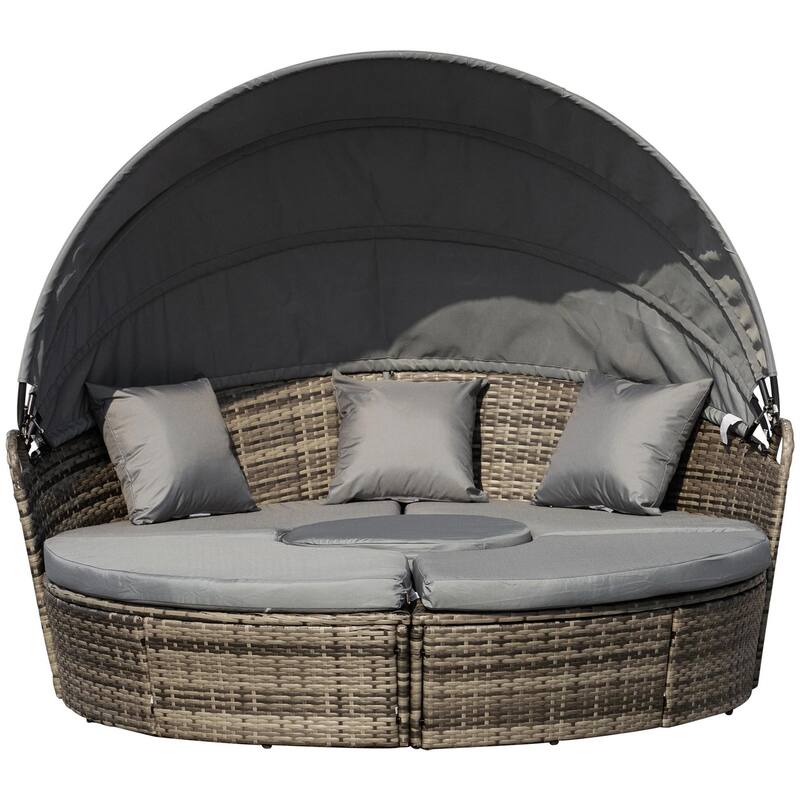 4PCS Rattan Furniture Set, Round Convertible Patio Daybed or Sunbed