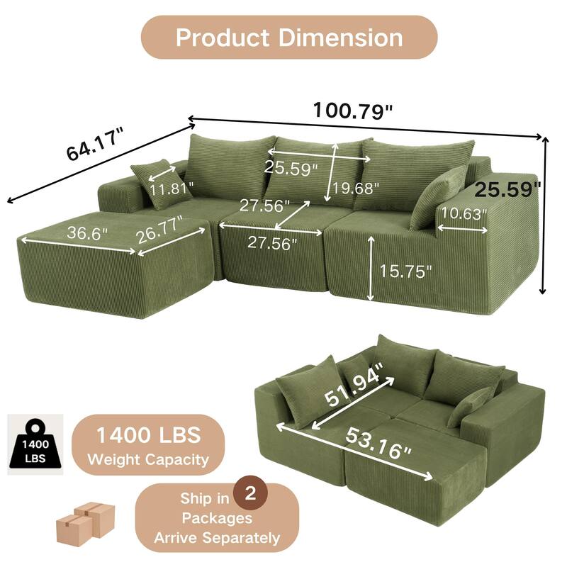 4-Piece L-Shaped Sectional Sofa, Recliner Sofa with Spacious Chaise Lounge Sofa, Sleeper Sofa with Movable Ottoman
