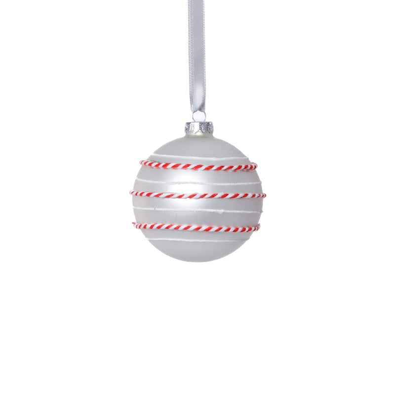 Matte Glass Ball Ornaments with White & Red Rope, Set of 6, 3.25" - White