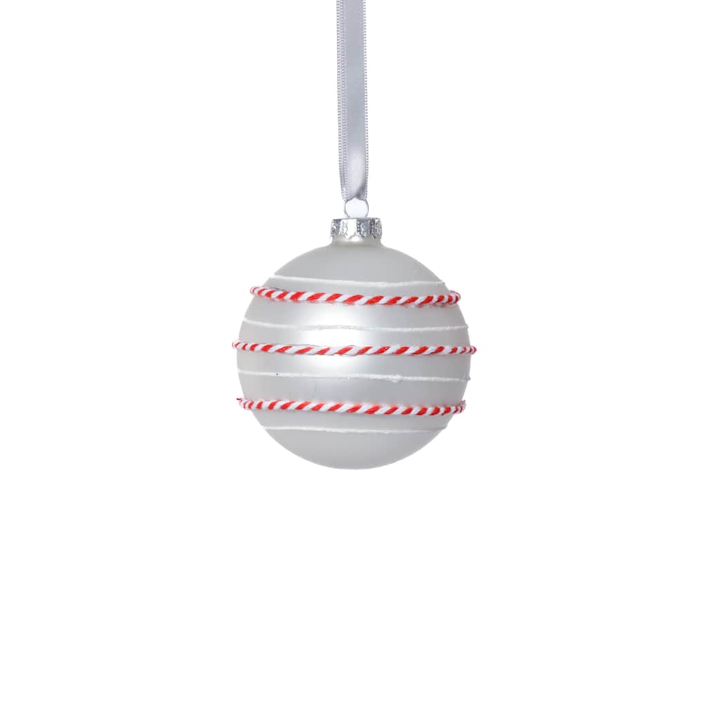 Matte Glass Ball Ornaments with White & Red Rope, Set of 6, 3.25"