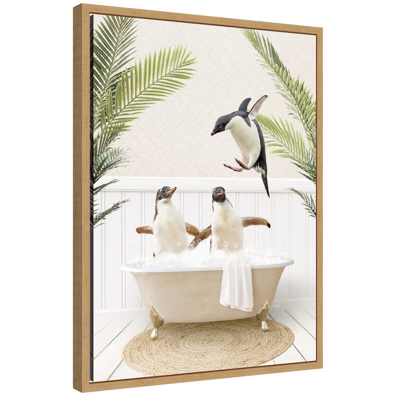 Kate and Laurel Sylvie Penguins in Palm Bathtub Framed Canvas by Amy Peterson - Natural