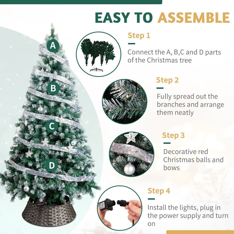 7.5 FT Artificial Snow Tipped Christmas Tree with DIY 350 Warm Lights Remote Control Silver Ribbon Ornaments - 7.5 ft