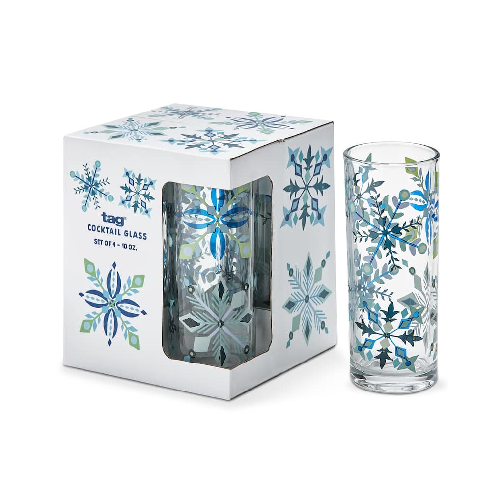 Alpine Glow Blue Snowflake Cocktail Beverage Drinkware Glass, 10 oz Set Of 4