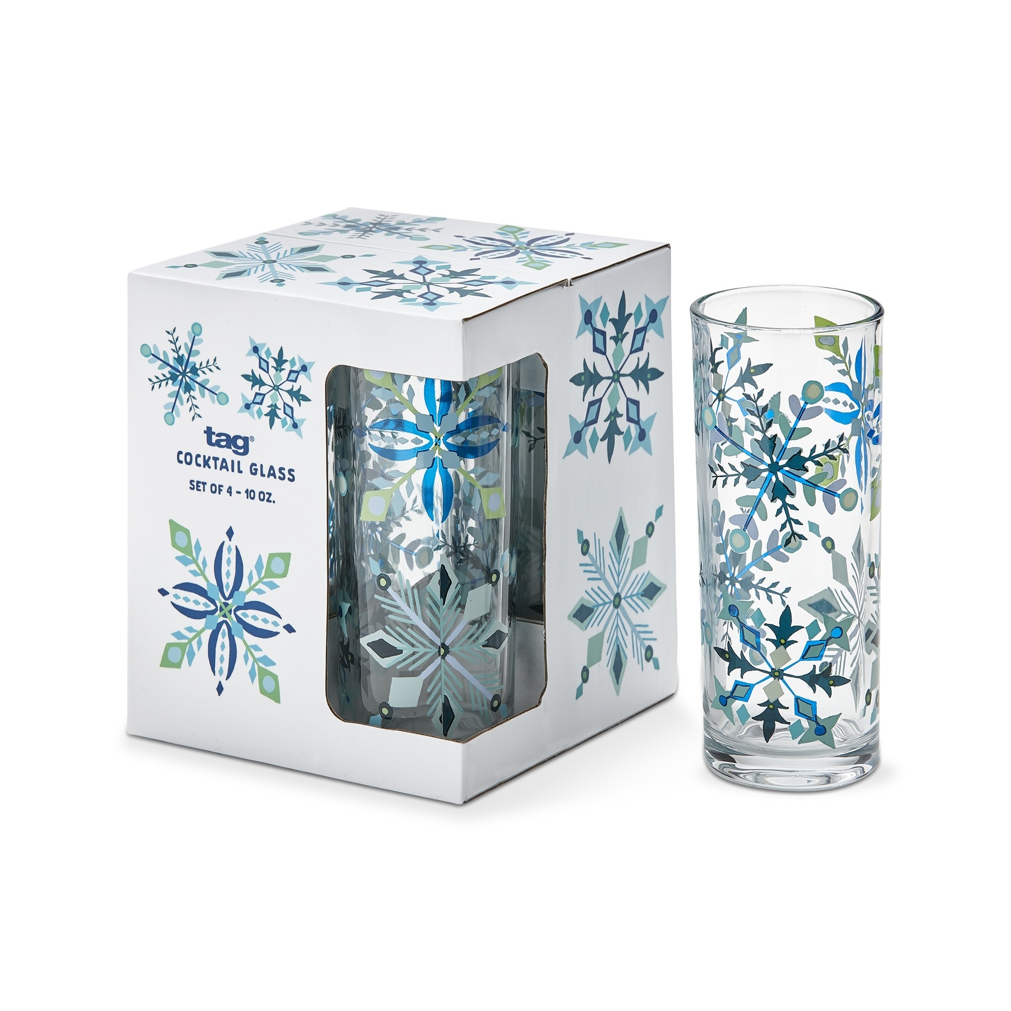 Alpine Glow Blue Snowflake Cocktail Beverage Drinkware Glass, 10 oz Set Of 4