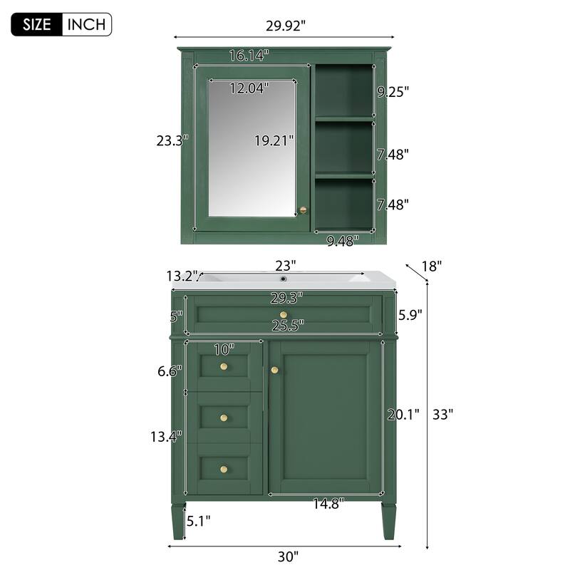 30-Inch Bathroom Vanity with Ceramic Undermount Sink, Mirror Cabinet, 3 Soft-Close Drawers, and Modern Design