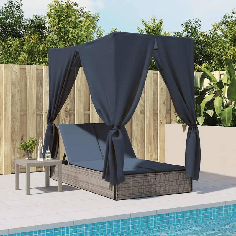 vidaXL Double Sun Lounger with Roof and Curtains Brown/Gray/Black Poly Rattan - 78.7" x 44.9" x 77.2"