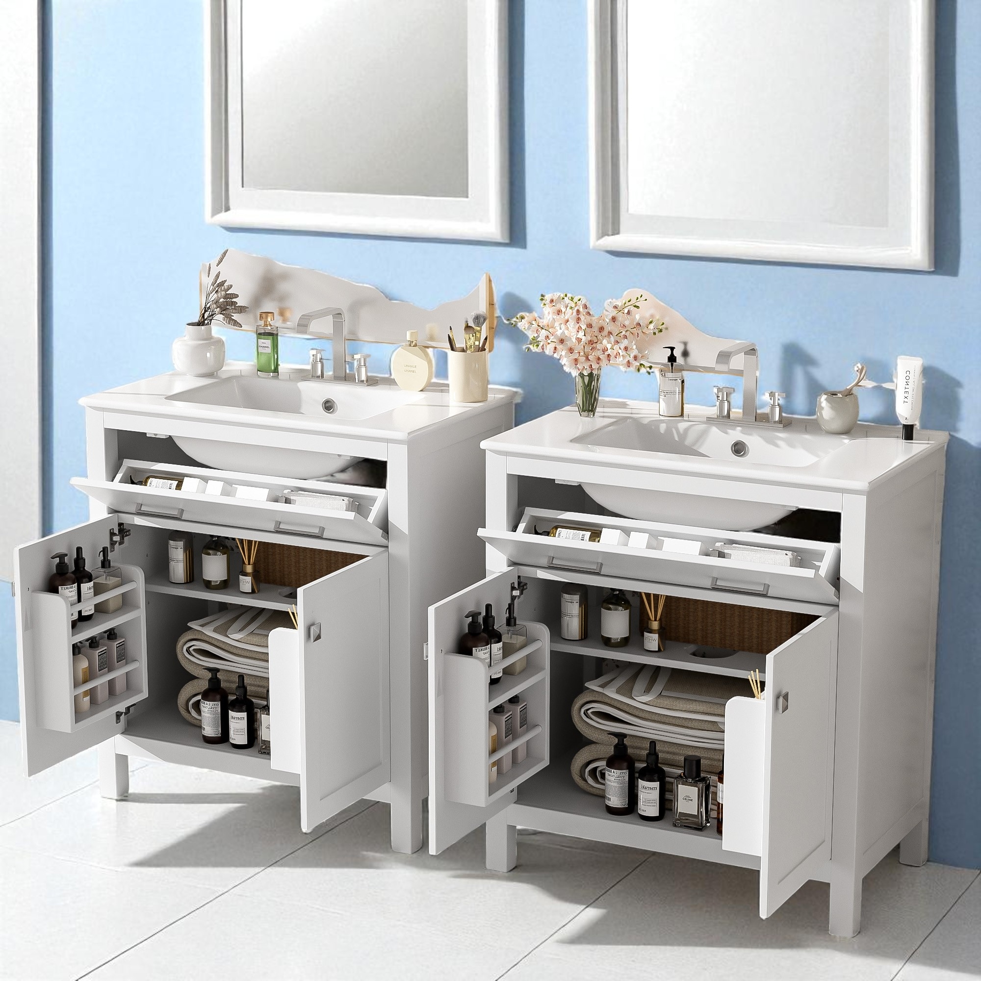 60" Freestanding Bathroom Vanity with Double Ceramic Sinks, Flip-Out Drawer, Adjustable Shelf and Soft-Close Doors