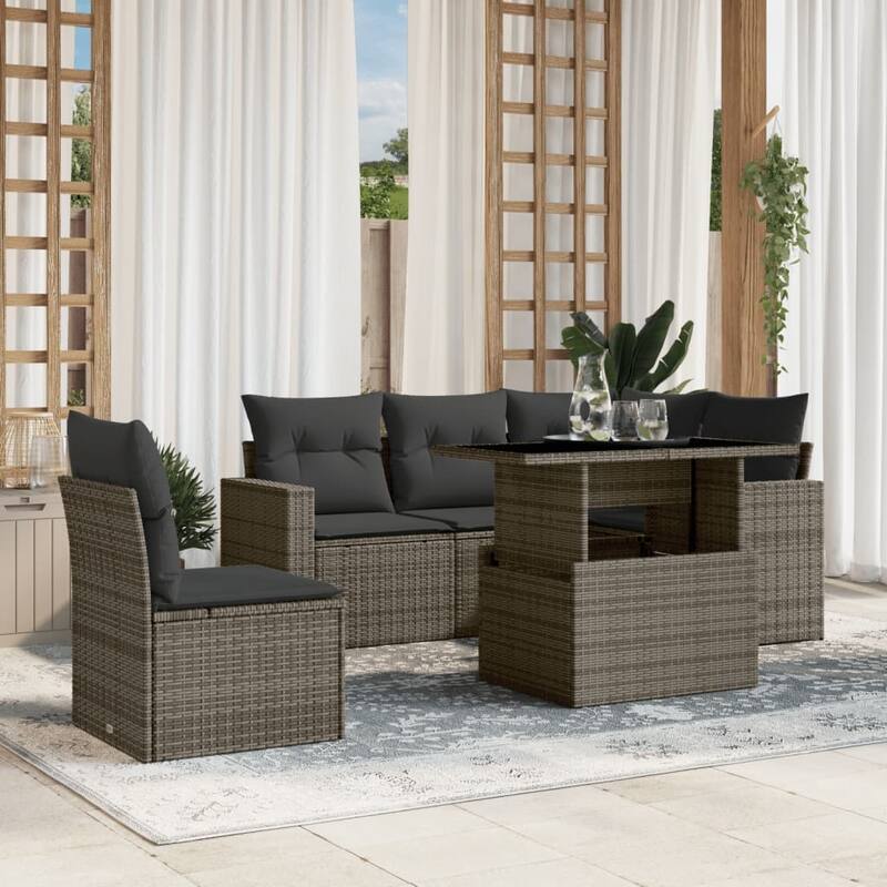 vidaXL Patio Sofa Set with Cushions Outdoor Furniture 6 Piece Poly Rattan - Grey - 21.7 x 39.4 x 27.2