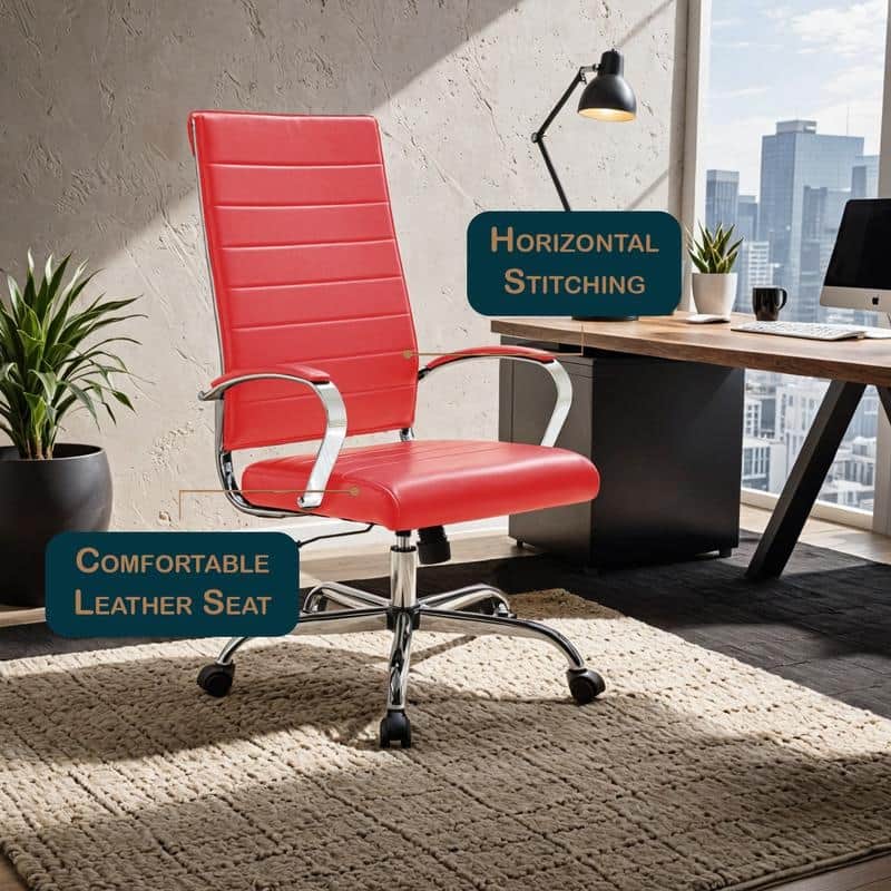 Benmar High-Back Leather Office Desk Chair in Stainless Steel Frame Adjustable Height Tilt Lock 360 Swivel Ergonomic Chair