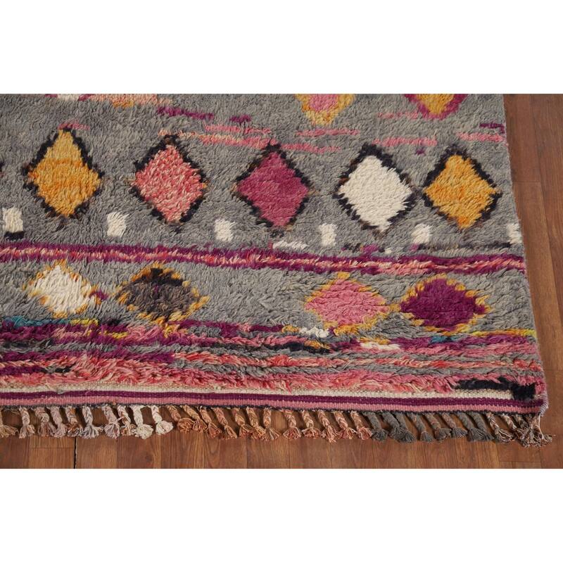 Grey Geometric Plush Moroccan Oriental Rug Hand-Knotted Wool Carpet - 6'1" x 9'5"