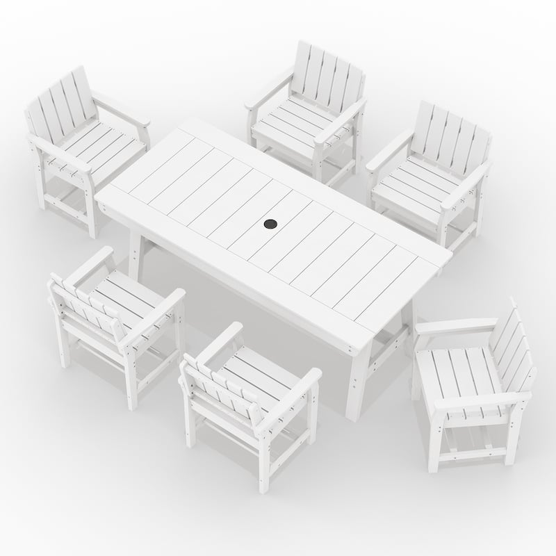 7-Piece HDPE Outdoor & Indoor Dining Set, Rectangular 67.91in L Table with Umbrella Hole and 6 Chairs Set of 7, Wood-Look Finish